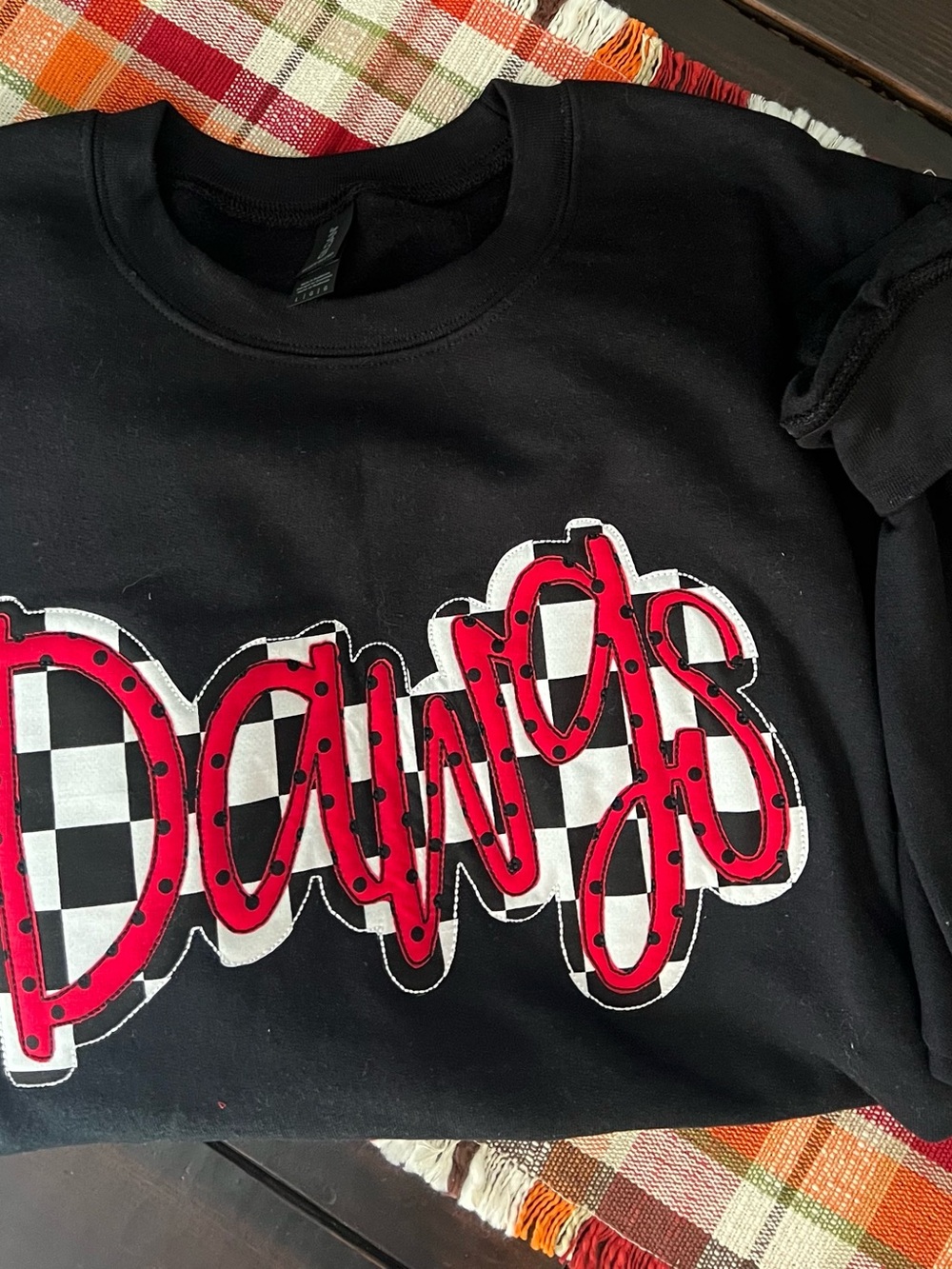 Gildan Black Sweatshirt with Red Script and Black-and-White Checker